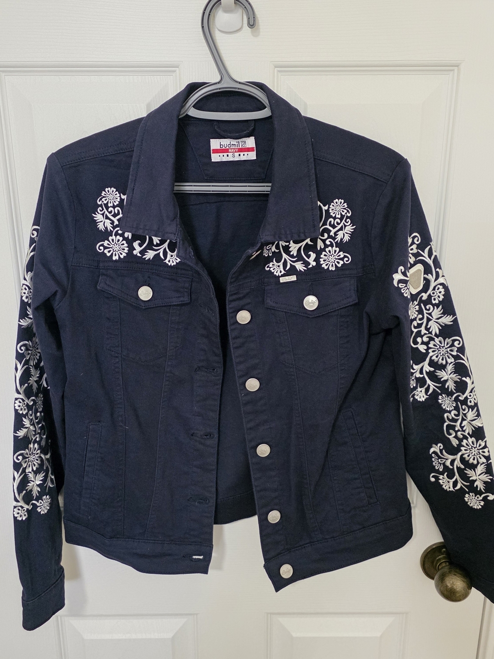 Budmil Navy denim jacket with white floral embroidery